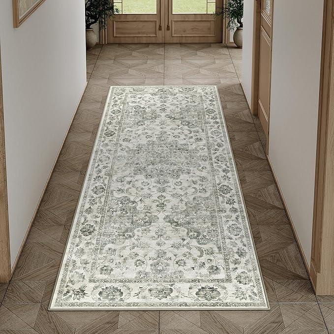 2x5 Washable Neutral Runner Rug Green Vintage Hallway Kitchen Carpet Non-Slip Soft Low Pile Floral Throw Rug for Bedroom Bathroom Laundry Living Room