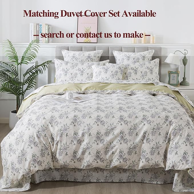 FADFAY Rose Sheets Set Queen Rustic Peony Floral Bedding Botanical Leaves Sheets Vintage Farmhouse Bedding 100% Cotton Ultra Soft Breathable Collection with Deep Pocket Fitted Sheet 4Pcs, Queen Size