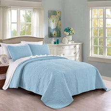 Pure Bedding Quilt Set Full/Queen Size Sky Blue - Oversized Bedspread - Soft Microfiber Lightweight Coverlet for All Season - 3 Piece Includes 1 Quilt and 2 Shams, Geometric Pattern