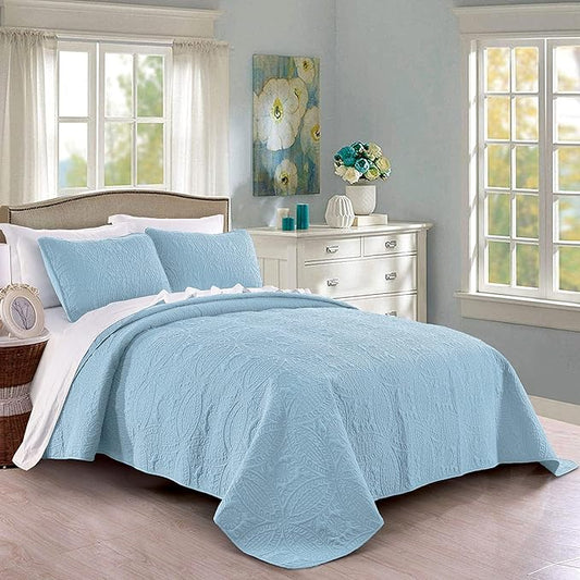 Pure Bedding Quilt Set Full/Queen Size Sky Blue - Oversized Bedspread - Soft Microfiber Lightweight Coverlet for All Season - 3 Piece Includes 1 Quilt and 2 Shams, Geometric Pattern