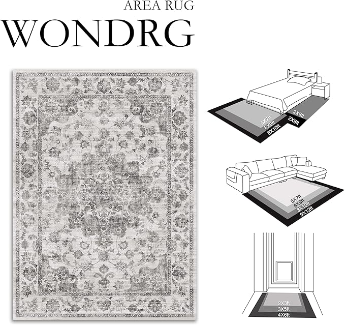 6x9 Washable Neutral Area Rug Black Vintage Living Room Bedroom Carpet Non-Slip Soft Low Pile Floral Indoor Throw Rug for Dining Room Entryway Office