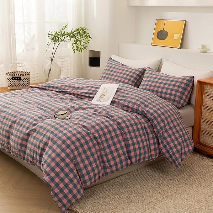 ECOCOTT Duvet Cover Oversized King Size, 100% Washed Cotton Linen-Like Soft & Breathable, Durable Comfy Bedding Set for All Seasons, Purple Pink Plaid