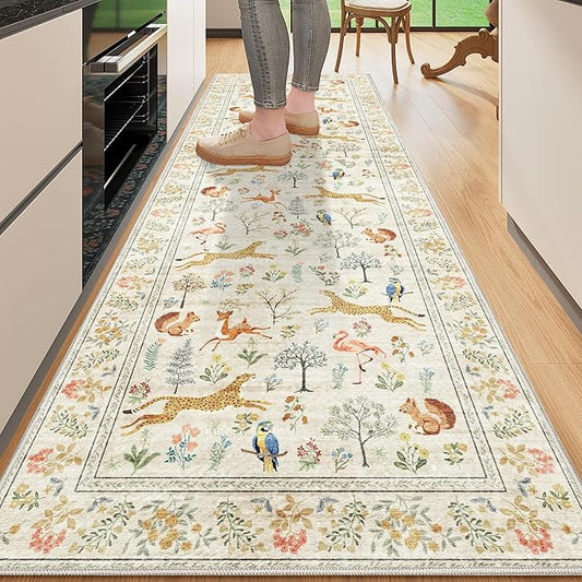 DUKINO 2x6 Rug for Hallway, Washable Kitchen Runner Rug with Non Slip Backing, Soft Low Pile Vintage Animal Runner for Bedroom, Kitchen, Hallway, Entryway, Laundry, Beige