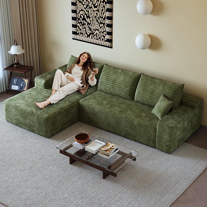 108" Sectional Couches for Living Room Modern Modular Sofa with L-Shape Couchs Upholstered Boneless Couch Deep Seat Sectional Couch with Chaise (Green, Left Facing Chaise+2Seaters)