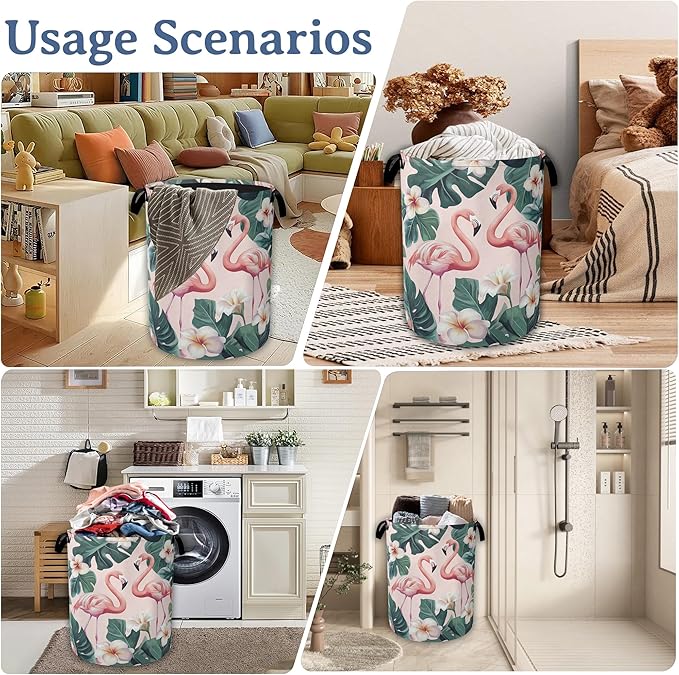 Pink Flamingo Laundry Basket,Foldable Waterproof Oxford Cloth Tote Bag Palm Leaf Laundry Hamper with Handles,20.8"x16" Clothes Storage Bucket Organizer for Laundry Room, Bathroom, Bedroom