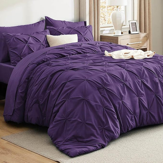 Bedsure Queen Comforter Set Purple - Bed in a Bag Queen Size Bedding 7 Pieces, GentleSoft™ Pintuck Bed Set Gift for Family, Pinch Pleat All Season Comforter with Sheets, Pillowcases & Shams