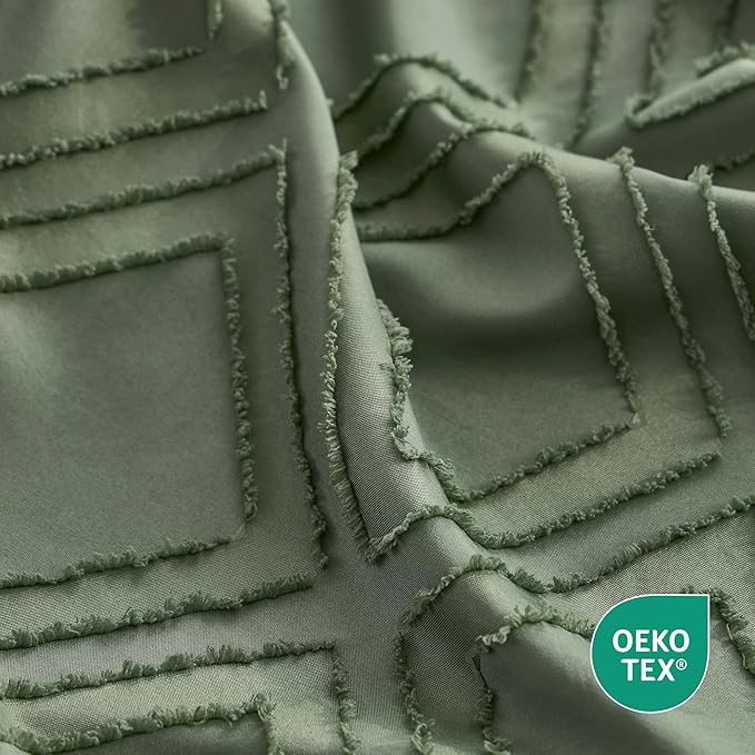 JELLYMONI Duvet Cover King Size Green - 3PCS Boho Duvet Cover Set Plaid Polyester Tufted Bohemian Jacquard Knit Textured Comforter Cover 104×90in Rhombic Geometric Pattern Zipper Corner Tie