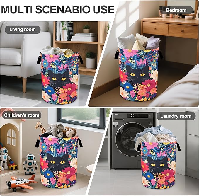 Black Cat Floral Laundry Basket Foldable Oxford Cloth Tote Bag Laundry Hamper Clothes Storage Bucket Organizer For Bathroom/Laundry Storage/Bedroom 19.6x15.7 Inch