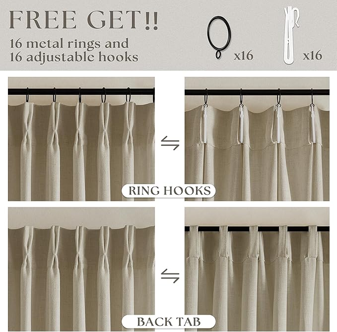 Thick Linen Khaki Taupe Curtains 96 Inches Long for Living Room Bedroon Pinch Pleated Drapes with Hooks Rings Back Tab Light Filtering Burlap Farmhouse Ceiling Custom Made Memory Trained Curtain
