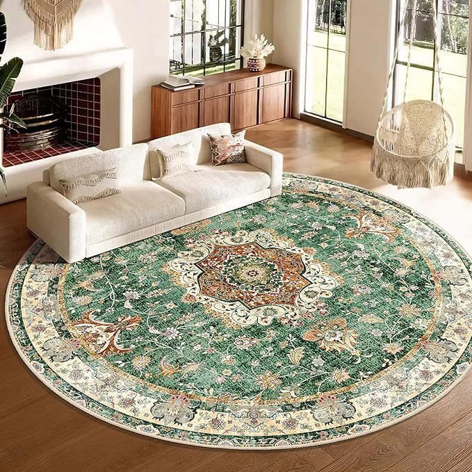 Large Green Round Rug 9ft, Boho Circle Area Rugs for Bedroom Living Room,Washable Vintage Bohemian Distressed Oriental Floral Carpet Non Slip,Retro Sage Floral