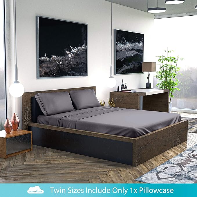 DREAMCARE Twin XL Sheet Sets – 3pcs Cooling Sheets – up to 15” Deep Pocket Twin XL Sheets Set – Hotel Luxury Sheets & Pillowcases – Superior Softness 100% Fine Microfiber with Side Pocket – Gray DREAMCARE