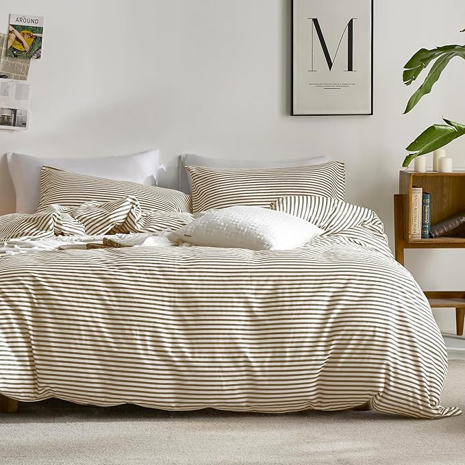 JELLYMONI Oversized King Duvet Cover Set, Cotton Duvet Cover 3 Pieces with Zipper Closure, 1 Duvet Cover and 2 Pillowcases(White with Khaki Striped)