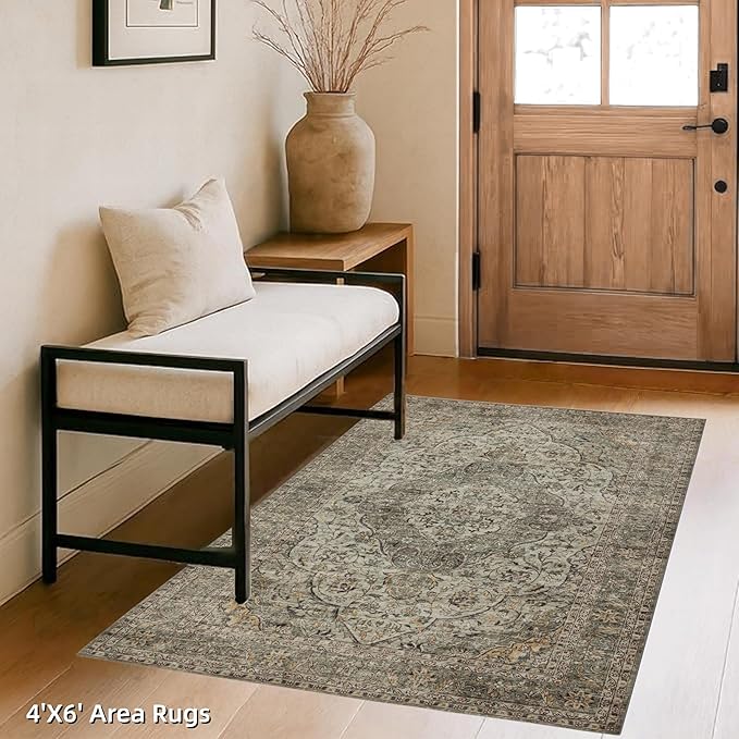 RCTJHOME 4'x6' Washable Area Rugs for Hallway, Non Slip Dining Room Rugs, Soft Low Pile Entryway Indoor Mat, Moroccan Accent Carpet for Kitchen, Living Room and Bedside, Distress Floral Forest Green