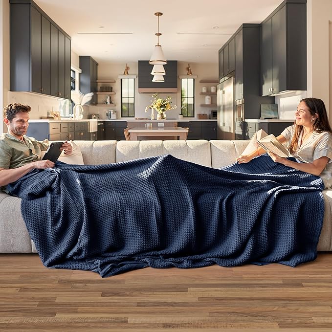 Bedsure Gentlesoft 100% Cotton Blanket King Size for Bed - Breathable and Soft, Thick Cozy Waffle Weave Christmas Blanket Gift for Women, Pageant Blue, 104x90 inches