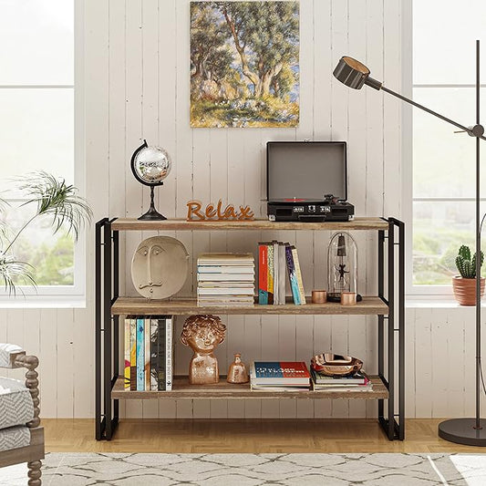 IRONCK Bookshelf Industrial 3 Shelf Bookcase, Wood Storage Shelf with Metal Frame for Living Room, Rustic Brown