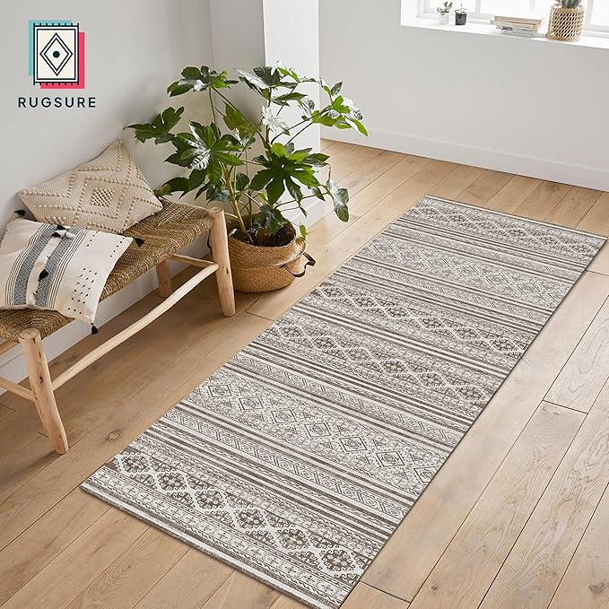 RUGSURE Washable Area Rugs 2'6'' x 8' - 1/6 Thick - Moroccan-Inspired -Stain & Water Resistant Non-Slip - Resistant Rug for Living Room, Bedroom, Nursery, Pet & Child Friendly (Brown)