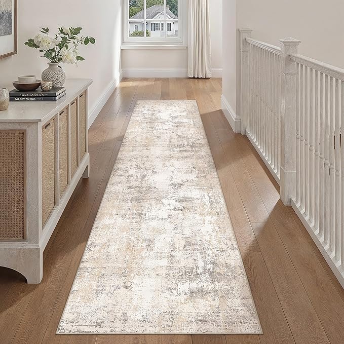 2'6x12 Washable Runner Rug Beige Grey Abstract Hallway Kitchen Throw Rug Neutral Modern Non Slip Soft Low Pile Carpet for Bathroom Laundry Bedroom Living Room