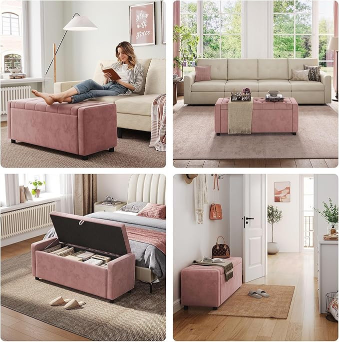 LINSY 50 Inches Wide Storage Ottoman Bench, Upholstered Foot Rest Stool, Long Bench Footstool, Couch Ottoman, Ottomans for Living Room, Entryway, End of Bed Storage Bench for Bedroom (Pink)