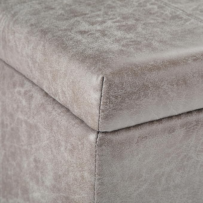 SIMPLIHOME Dover 36 inch Wide Contemporary Rectangle Storage Ottoman Bench in Distressed Grey Taupe Vegan Faux Leather, Assembled, For the Living Room, Entryway and Family Room
