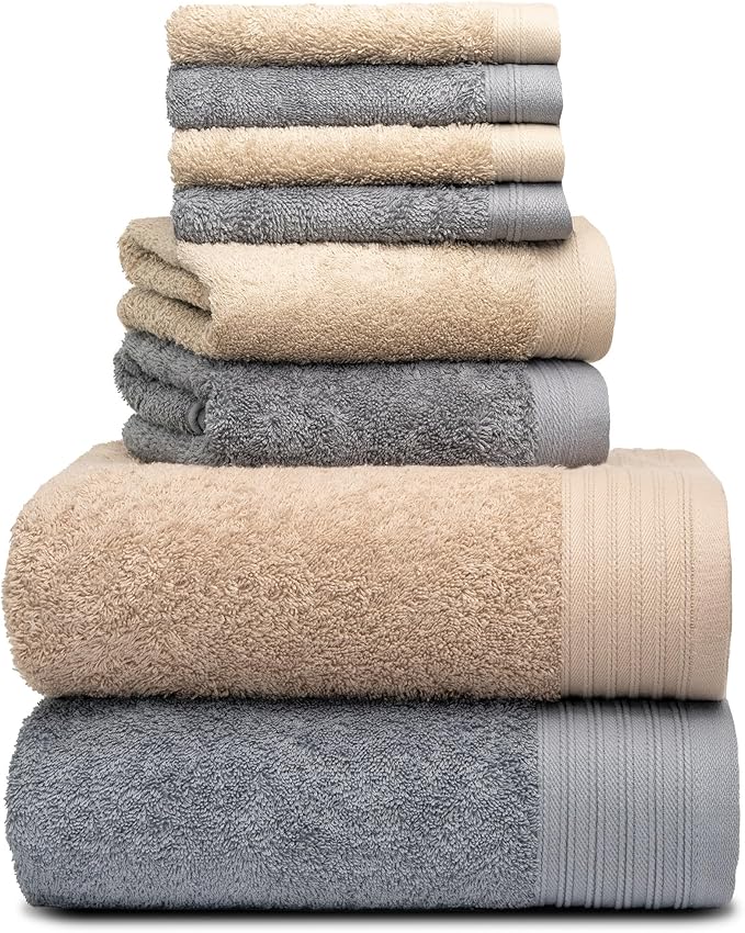 Premium 8 Pieces Towel Set Including 2 Bath Towels 30" x 56", 2 Hand Towels 18" x 30" and 4 Washcloths 13" x 13" - Color: Dark Grey & Sand | Pure Cotton |Machine Washable high Absorbency
