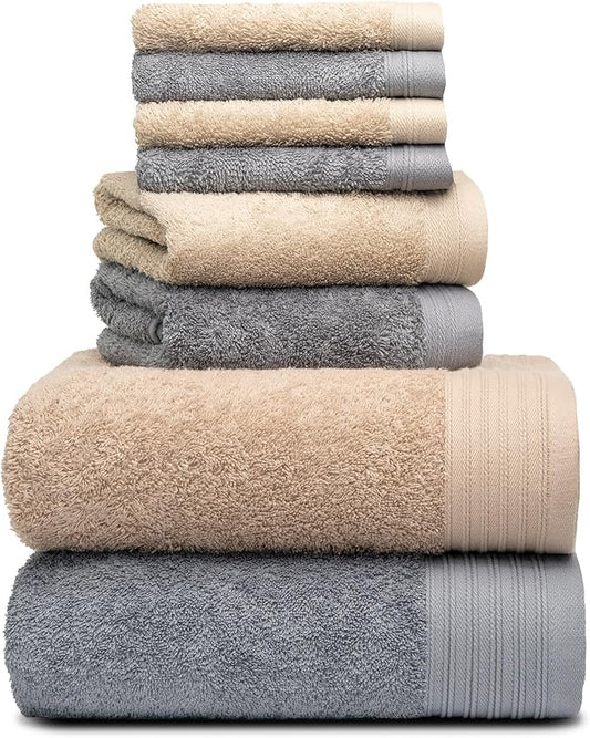 Premium 8 Pieces Towel Set Including 2 Bath Towels 30" x 56", 2 Hand Towels 18" x 30" and 4 Washcloths 13" x 13" - Color: Dark Grey & Sand | Pure Cotton |Machine Washable high Absorbency