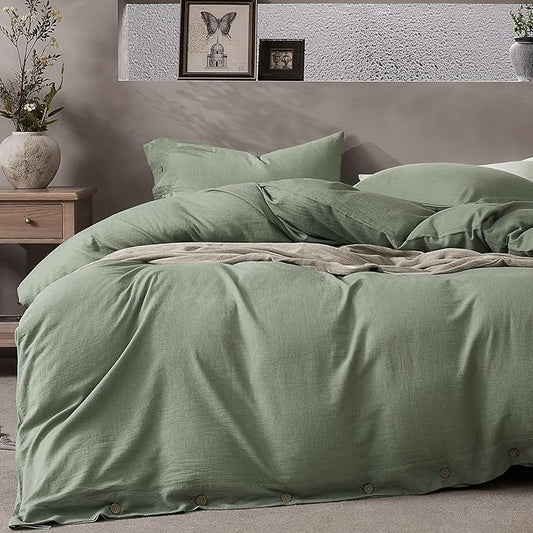 JELLYMONI Cotton Duvet Cover Queen Size - Sage Green Comforter Cover with Button 100% Washed Cotton 3PCS Breathable Soft Solid Bedding Set Duvet Cover 90×90in & 2 Pillowcases (NO Comforter)