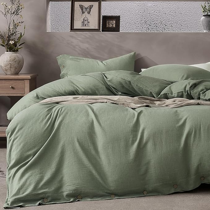 JELLYMONI Cotton Duvet Cover King Size - Sage Green Comforter Cover with Button 100% Washed Cotton 3PCS Breathable Soft Solid Bedding Set Duvet Cover 104×90in & 2 Pillowcases (NO Comforter)