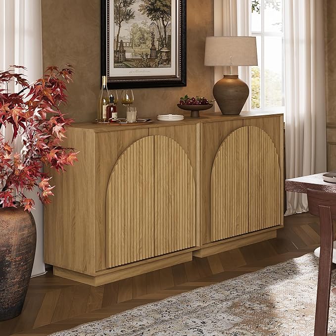 win2win Fluted Sideboard Buffet Cabinet with Storage, 31.5" Modern Boho Accent Cabinet with Double-Layered Arch Doors, Small Wood Console Credenza for Living Room, Dining Room, Entryway, Hallway, Oak