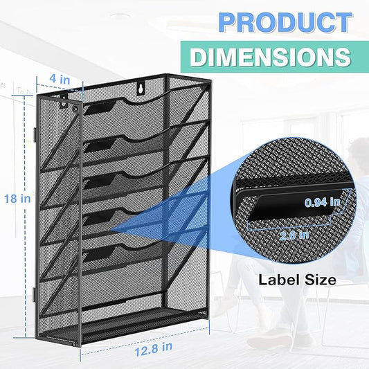 Kuntine.B Wall File Organizer (Black, 6 Tier & Hangers)