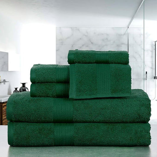 Ample Decor 100% Green Cotton Luxury 6 Piece Towels Set, 2 Bath Towels, 2 Hand Towels, 2 Wash Cloths for Bathroom