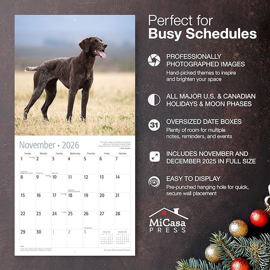 MICASA PRESS German Shorthaired Pointers 2026 Wall Calendar 12 Month | 12" x 24" Open | Thick & Sturdy Paper | Holiday Gift | Cute GSP Puppy Dog Calendar 2026
