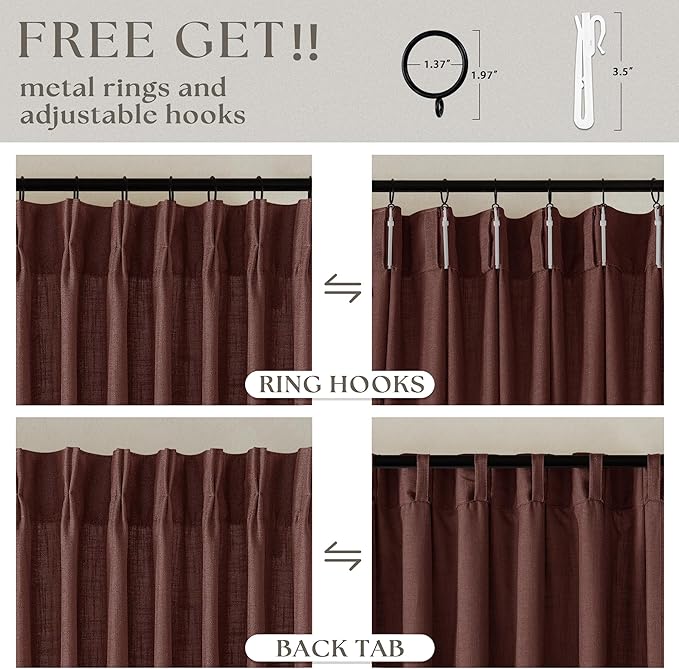 Chestnut Brown 84 Inch Pinch Pleated Linen Curtains 2 Panel Set for Living Room Thick Linen Textured Drapes 84 Inches Long Pinch Pleat Drapes Semi Sheer Curtain for Dining Bedroom Office Rust Maroon