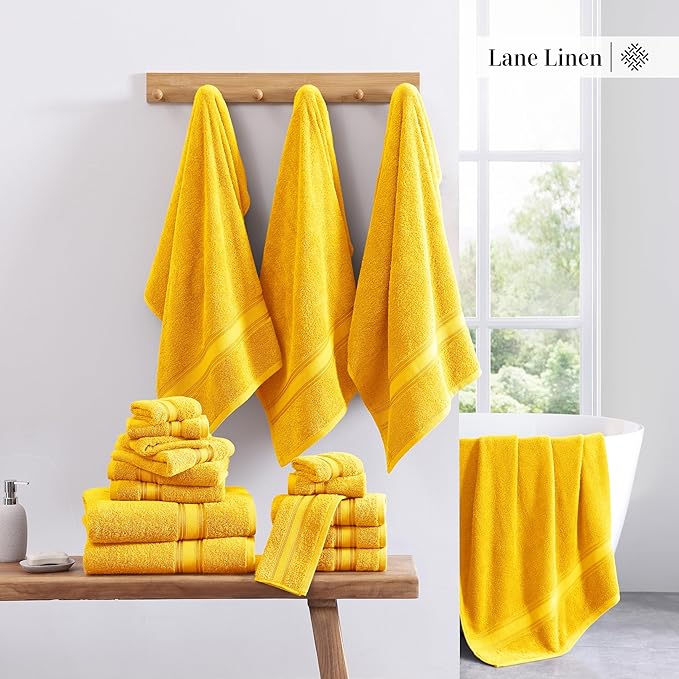 LANE LINEN 12 Pack Towels for Bathroom – 100% Mercerized Cotton, 4 Bath, 4 Hand & 4 Wash Cloth, Zero Twist Soft Towels, Oeko Tex Certified Hotel Quality Towel, Easy to Wash – Mimosa