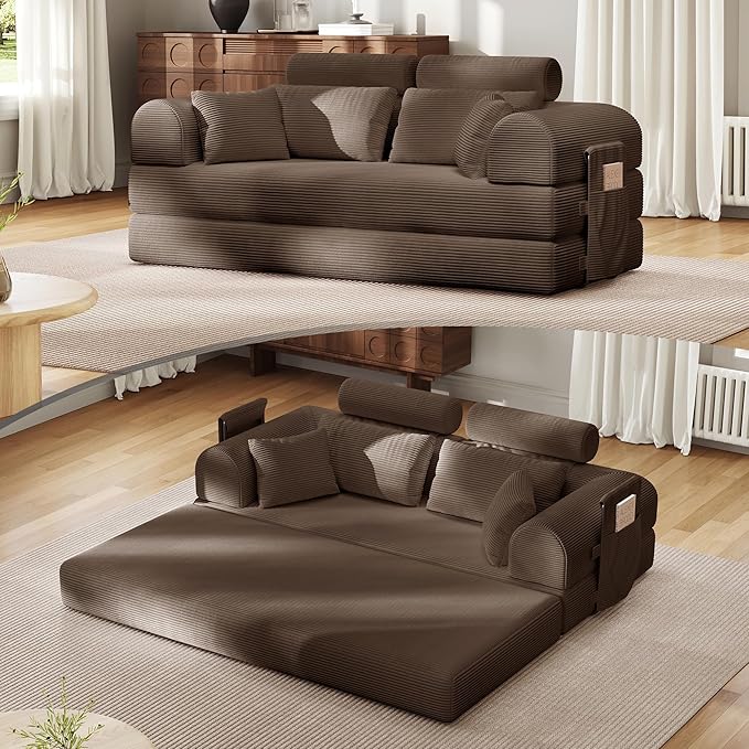 Upgrade High Backrest Design Sofa Bed with Fixed-Shape Frame & Removable Armrests and Backrest, Corduroy Fabric, Convertible Mattress Couch for Small Spaces - No Assembly Neede (High Backrest Brown)