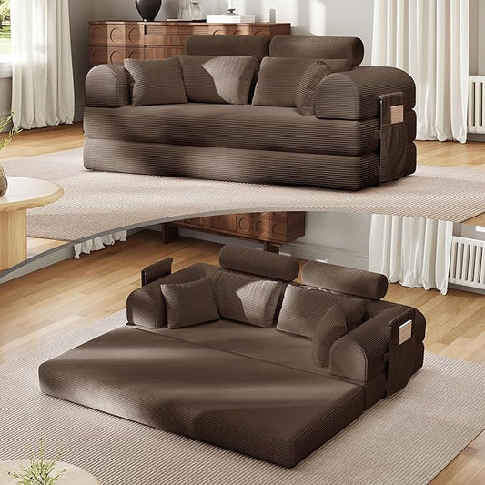 Upgrade High Backrest Design Sofa Bed with Fixed-Shape Frame & Removable Armrests and Backrest, Corduroy Fabric, Convertible Mattress Couch for Small Spaces - No Assembly Neede (High Backrest Brown)
