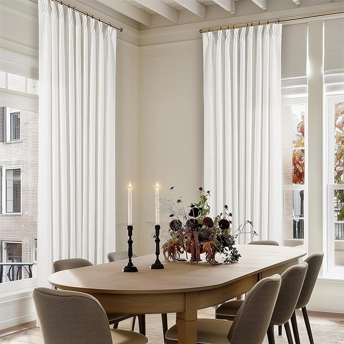 90 Inches Long Linen Curtains 60 Inch Width Pinch Pleated 90 Inch Length for Living Room Bedroom Ivory Off White Semi Sheer Back Tab Hooks Rings Pinch Pleat Curtains for Patio Glass Door 1 Panel