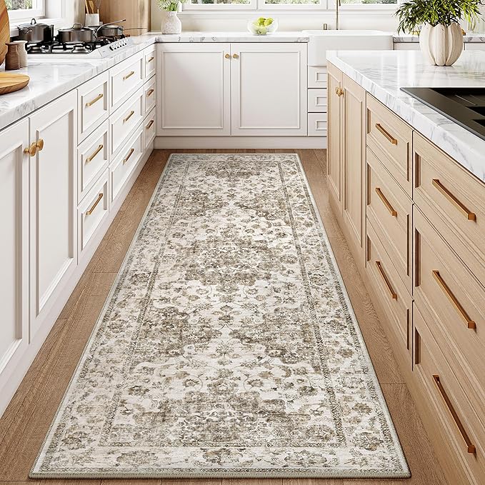 2x6 Washable Neutral Runner Rug Brown Vintage Hallway Kitchen Carpet Non-Slip Soft Low Pile Floral Throw Rug for Bedroom Bathroom Laundry Living Room
