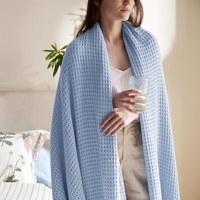 Bedsure Gentlesoft 100% Cotton Blanket Twin XL Size for College Dorm - Breathable and Soft, Waffle Weave Twin Blanket for Summer, Dorm Room Essentials, Sky Blue, 66x90 inches