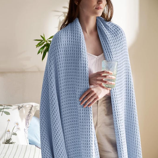 Bedsure Gentlesoft 100% Cotton Blanket Twin XL Size for College Dorm - Breathable and Soft, Waffle Weave Twin Blanket for Summer, Dorm Room Essentials, Sky Blue, 66x90 inches