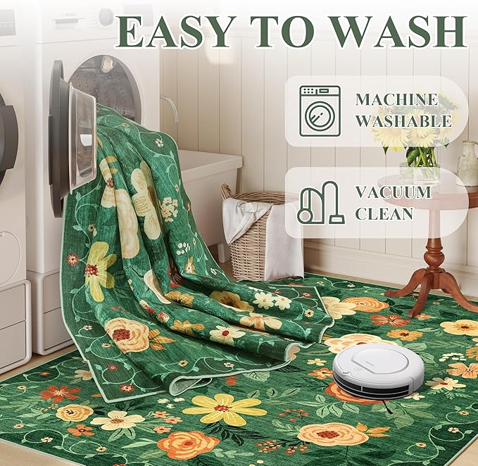 DUKINO 4x6 Area Rug, Lightweight Non Slip Washable Floral Rug, Indoor Low Pile & Non-Shedding Boho Design Rugs for Bedroom, Living Room, Dining Room, Dark Green