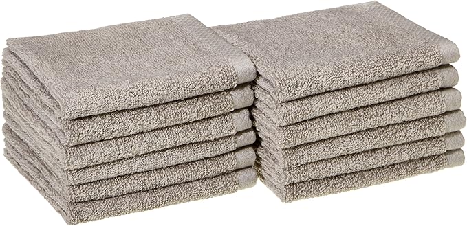 Amazon basics cotton washcloths, Lightweight quick-dry, 12" x 12", 12-pack, platinum