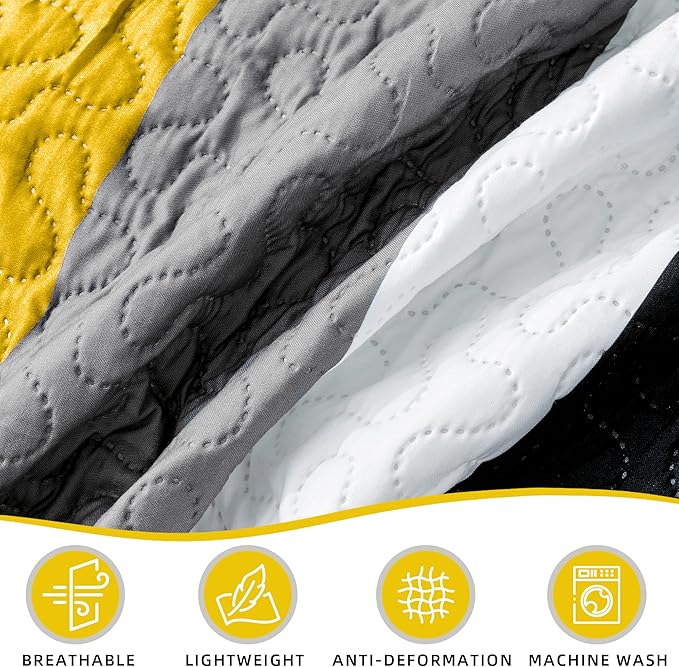 3 Piece Yellow Grey Quilt Set California King Size Yellow Gray White Geometric Reversible Bedding Set Microfiber Lightweight Bedspread Coverlet with 2 Shams Bed Cover for All Season, 118''x106''
