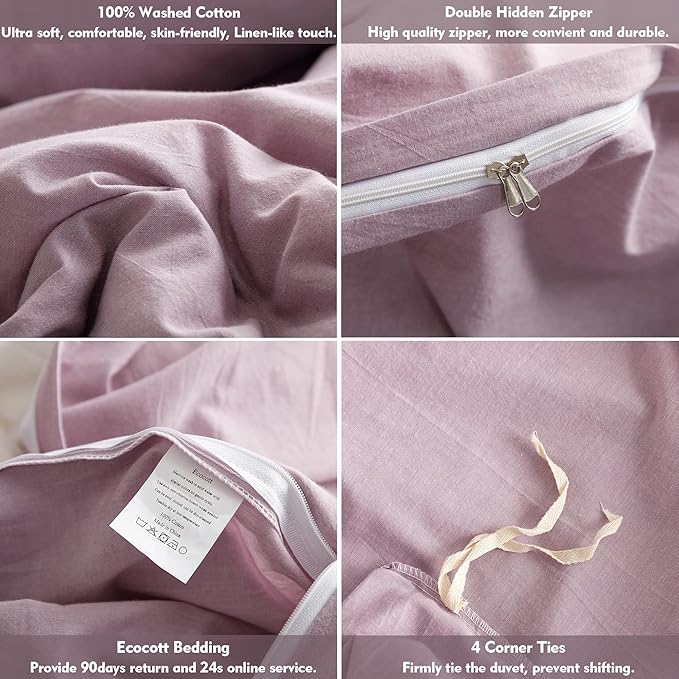 ECOCOTT Light Purple Duvet Cover Queen Size - 100% Washed Cotton Durable Soft Comfy Duvet Cover Set, 3 Pieces Duvet Cover with Zipper Closure (Light Purple, 90''x90'')