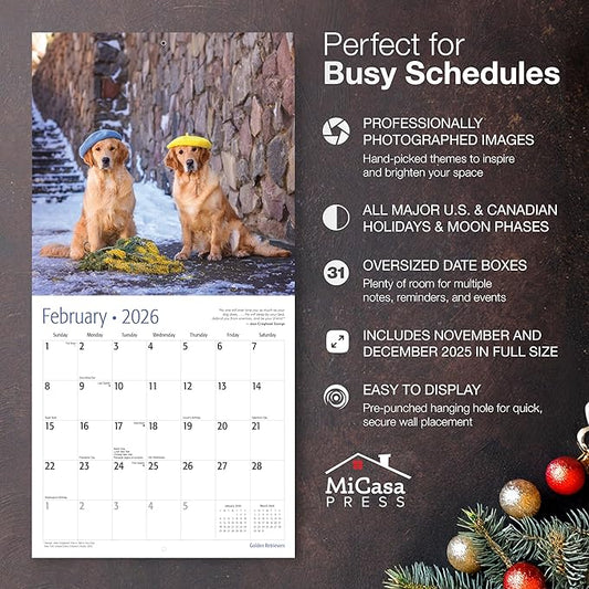MICASA PRESS Golden Retrievers 2026 Wall Calendar 12 Month | 12" x 24" Open | Thick & Sturdy Paper | Holiday Gift | Cute Puppy Dog Calendar 2026