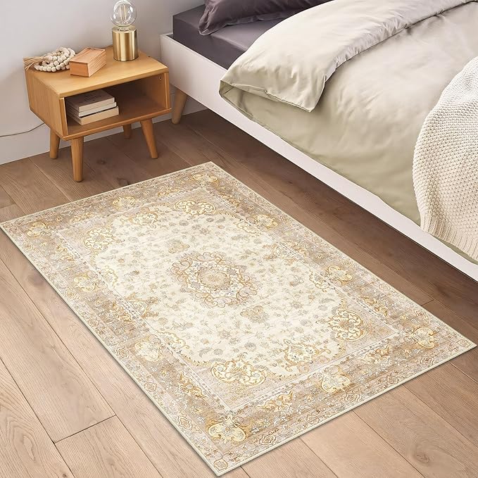 Small Rugs 2'x3',Boho Rug for Entryway Bathroom Kitchen Entrance Doormat,Vintage Bohemian Distressed Washable Accent Indoor Mat Floor Throw Carpet Non Slip,Beige Gold Floral