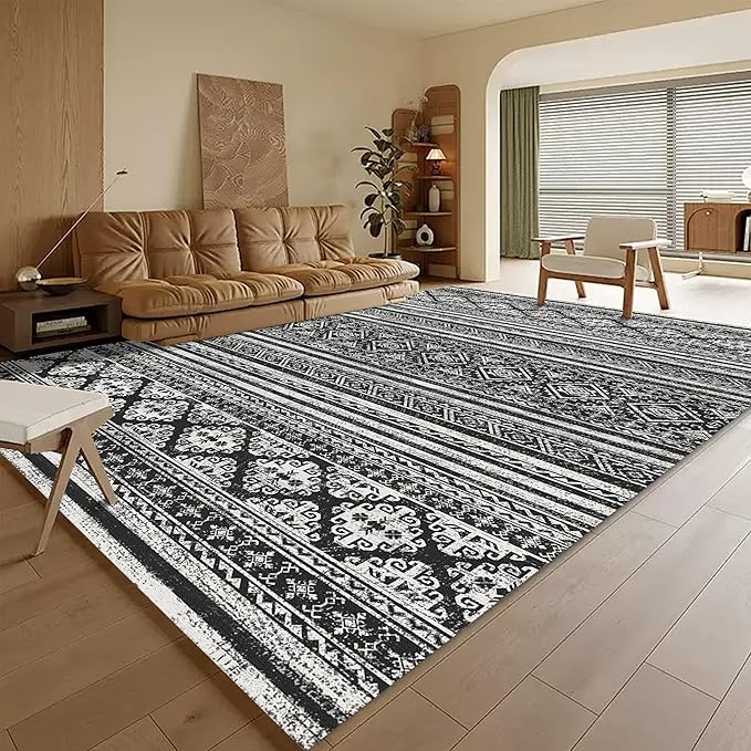 RUGSURE Washable Area Rugs 6' x 9' - 1/6 Thick - Moroccan-Inspired -Stain & Water Resistant Non-Slip - Resistant Rug for Living Room, Bedroom, Nursery, Pet & Child Friendly (Black)