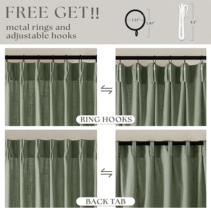 Sage Green Linen Curtains 102 Inches Long 2 Panels for Living Room Modern Thick Linen Flax Pinch Pleated Memory Trained Light Filtering Ceiling Semi Sheer 102 Inch Curtain with Hook Rings Back Tab