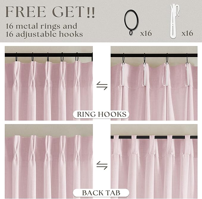 Light Pink Pinch Pleated Linen Cafe Curtains 45 Inch Length 2 Panels for Dining Room Kitchen Bedroom Semi Sheer Pleat Drapes with Hooks Rings Light Filtering Short Window Curtain Cabinet 40x45