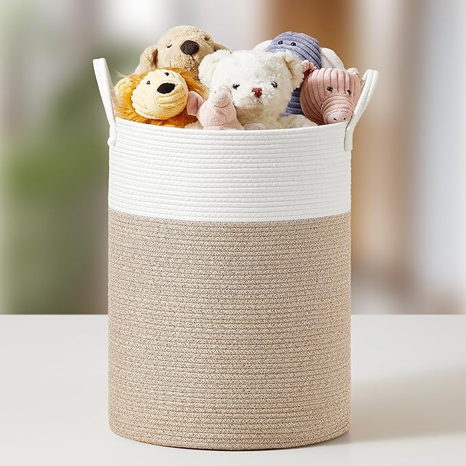 SONGMICS Laundry Hamper, Cotton Rope Laundry Basket with Handles, for Children, Toys, Clothing, Living Room, Bedroom, 21.1 Gallons, 15.7 x 15.7 x 23.6 Inches, White and Grayish Brown URLH062LZ01