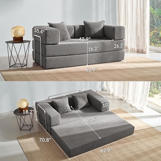 YINIX Foldable Sofa Bed, 62'' Folding Floor Couch, Compressed Convertable Sleeper Sofa, Memory Foam Couch with Pillow Back Support Armrest, 4-in-1 Futon Sofa Bed for Living Room, Light Gray